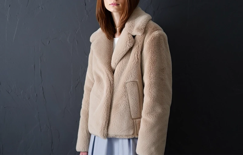 Fashionable winter jacket made from animal-free and sustainable faux rabbit fur