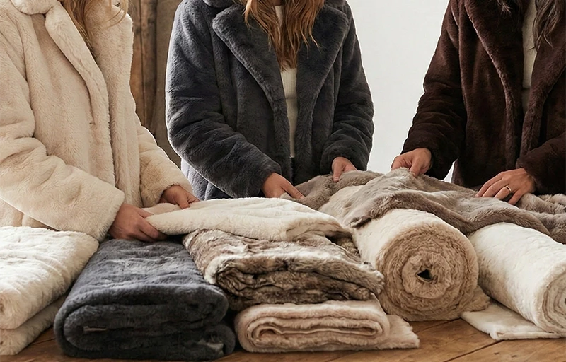 A high-quality showcase of faux rabbit fur fabric applications including luxury outerwear and various textile samples.