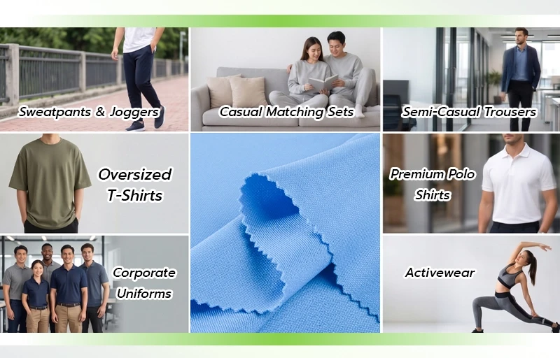 Examples of Double Knit fabric applications in clothing including sweatpants, loungewear, polo shirts, corporate uniforms, and sportswear.