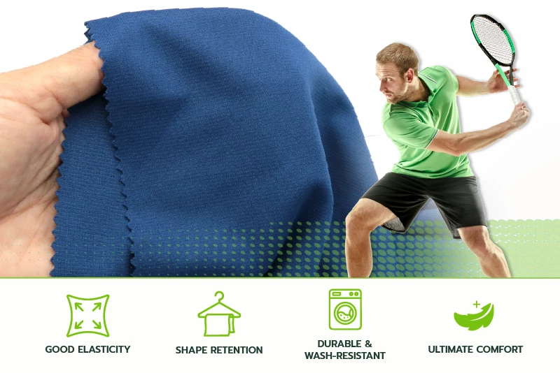 Icons illustrating the key properties of Double Knit fabric: good elasticity, ultimate comfort, shape retention and drape, and wash durability