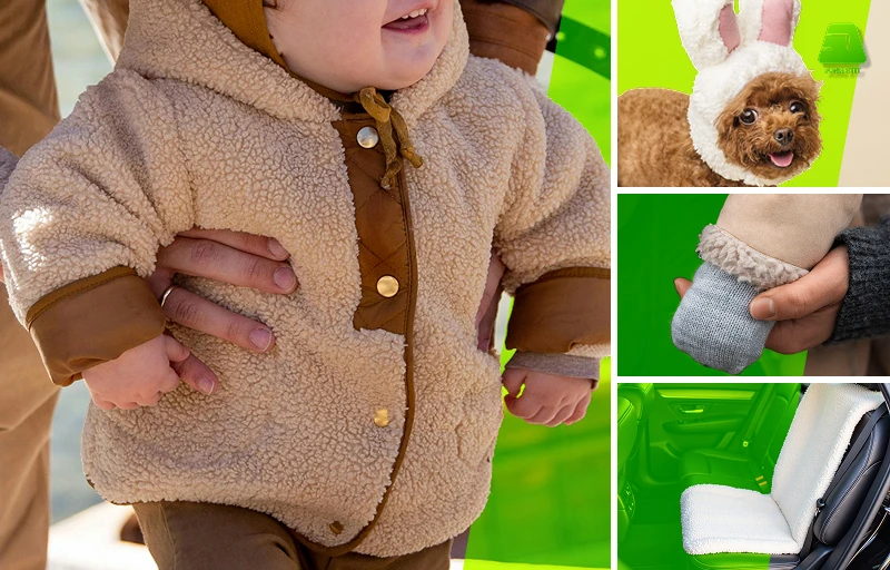 Soft Sherpa fabric used for children’s winter clothing and pet apparel, ideal for warm jackets, coats and comfortable cold-weather garments.