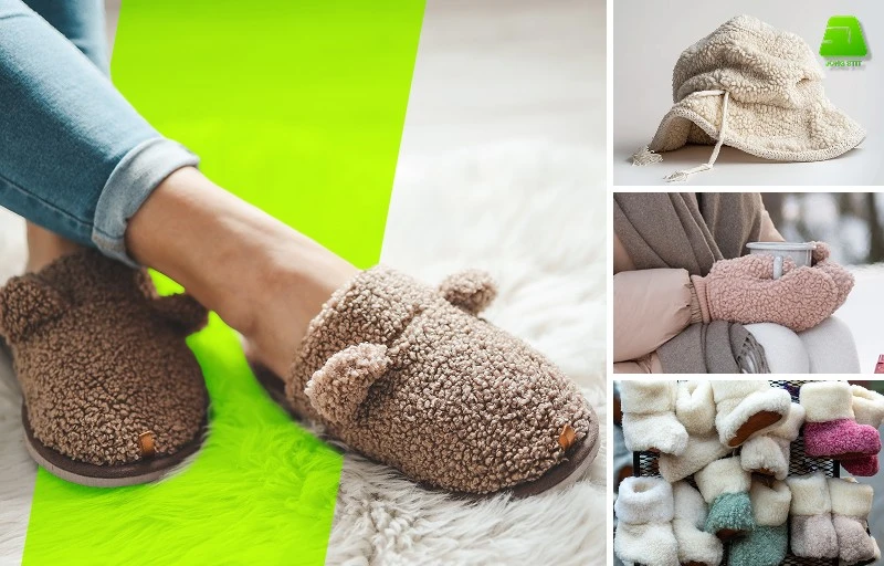 Soft Sherpa fabric used for warm accessories, featuring a fluffy texture ideal for comfortable winter and lifestyle products.